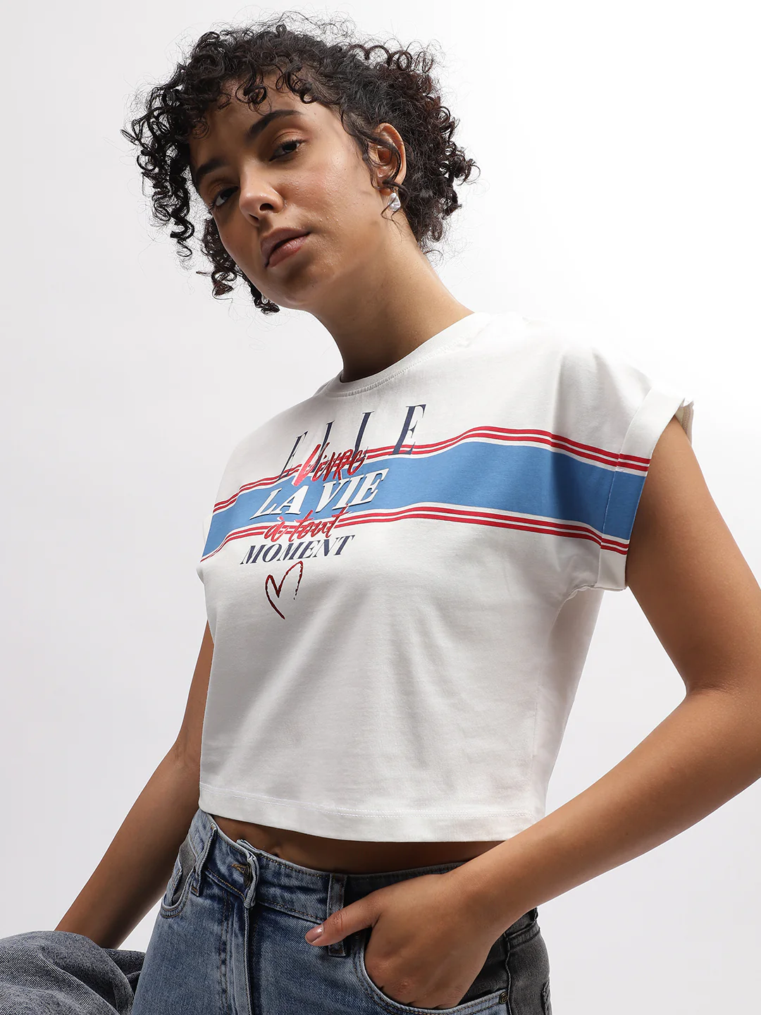 Elle Women White Printed Round Neck Short Sleeves Tshirt - Image 2