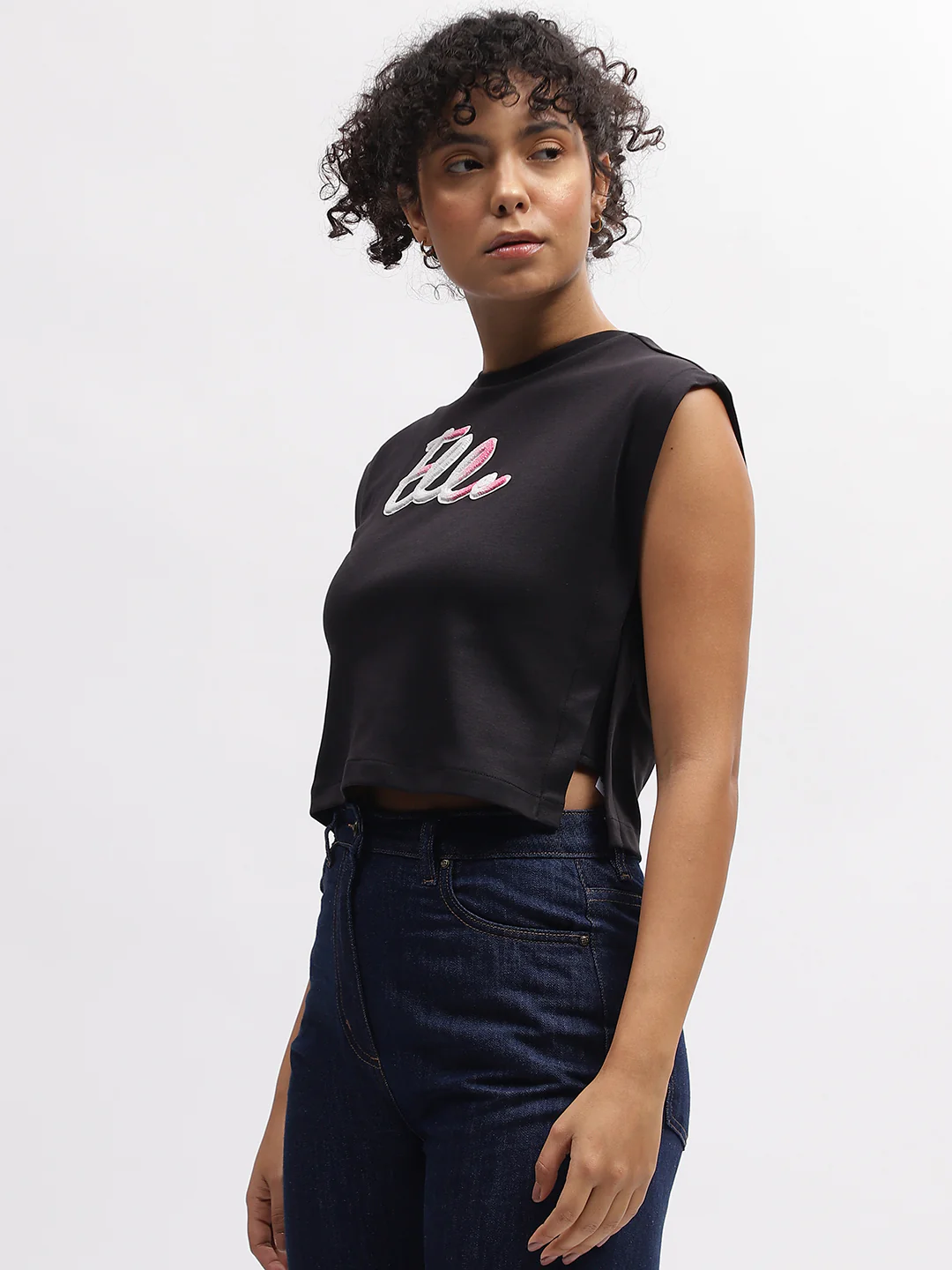 Elle Women Black Solid Round Neck Sleeveless Tshirt - Image 3