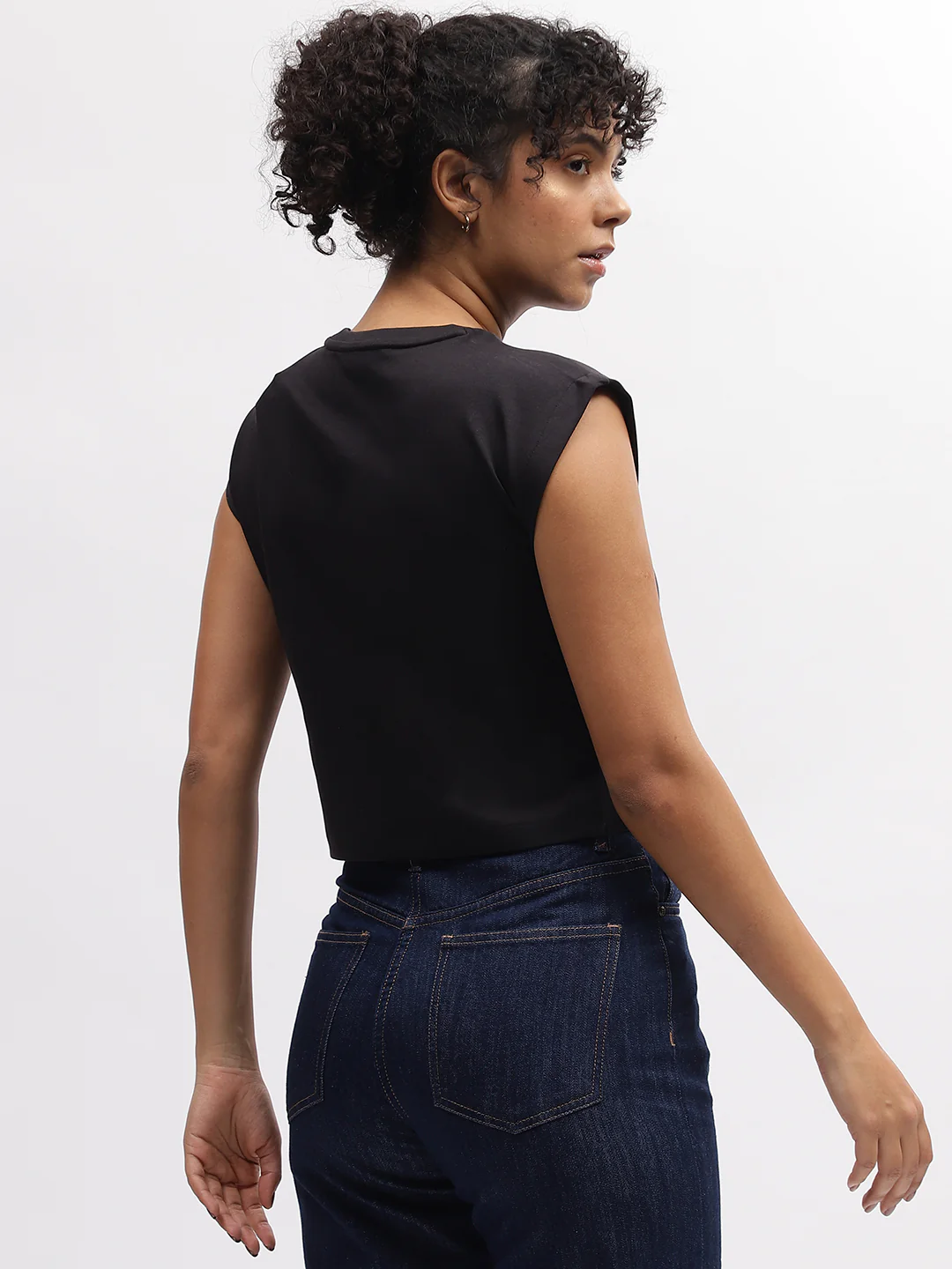 Elle Women Black Solid Round Neck Sleeveless Tshirt - Image 4