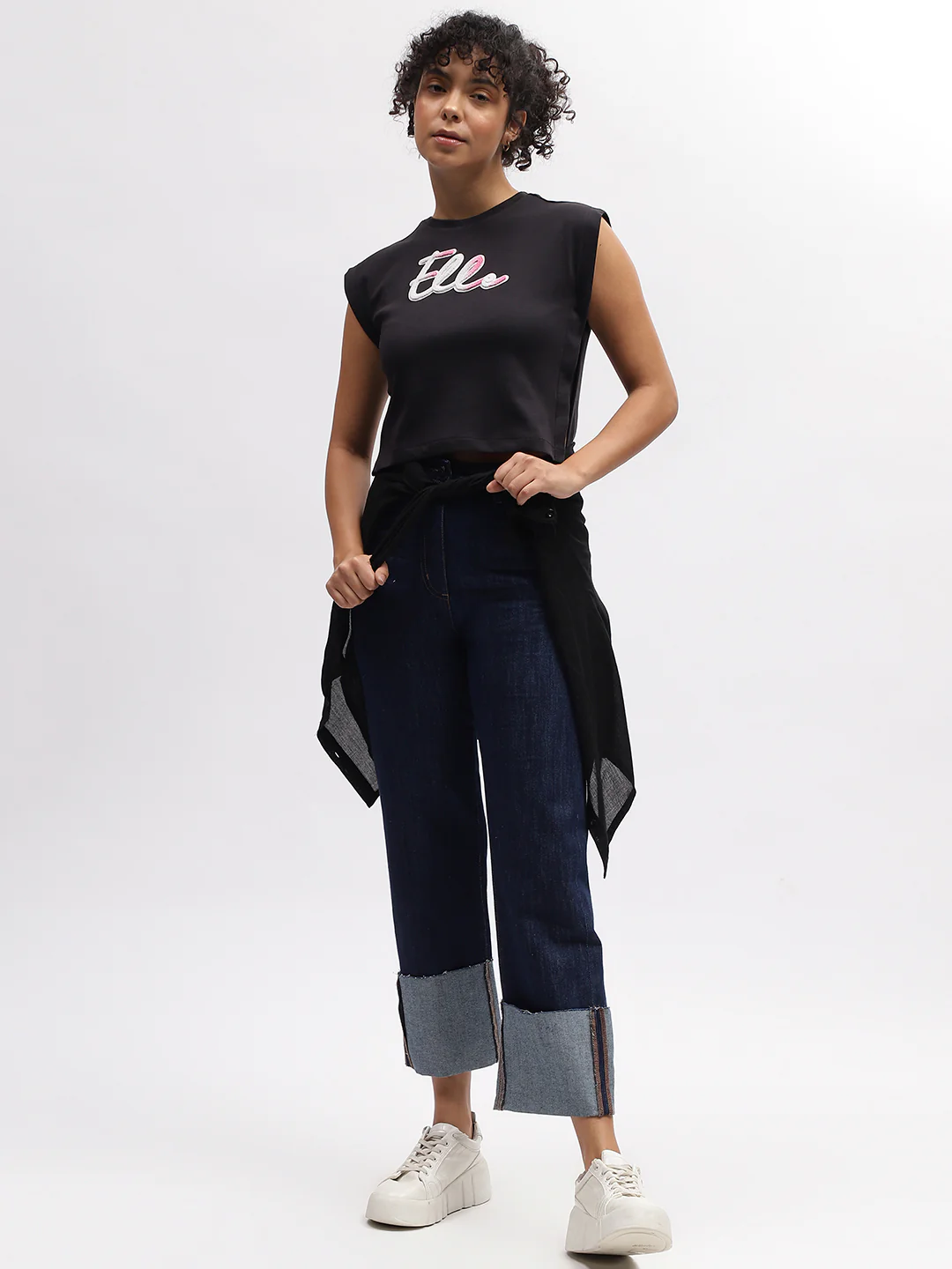 Elle Women Black Solid Round Neck Sleeveless Tshirt - Image 5