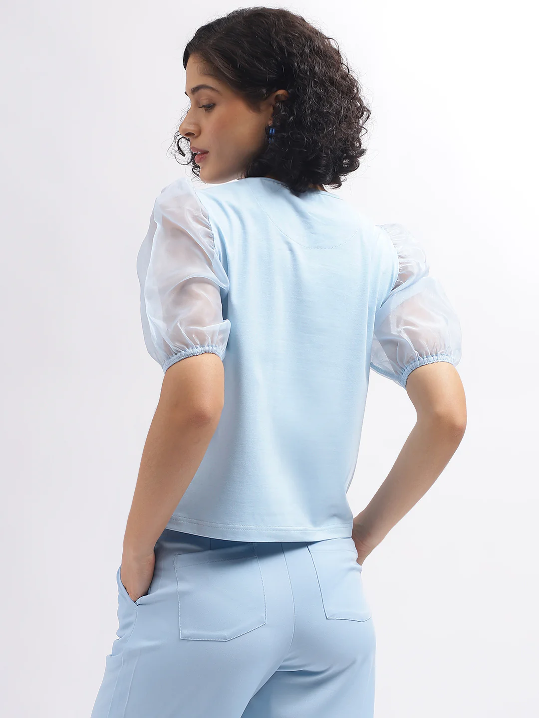 Elle Women Blue Printed Round Neck Short Sleeves Top - Image 4