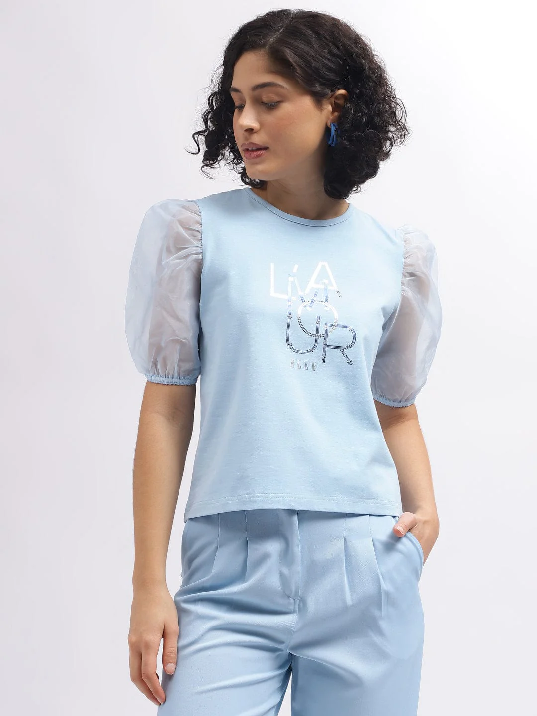 Elle Women Blue Crew Neck Tshirt - Image 2