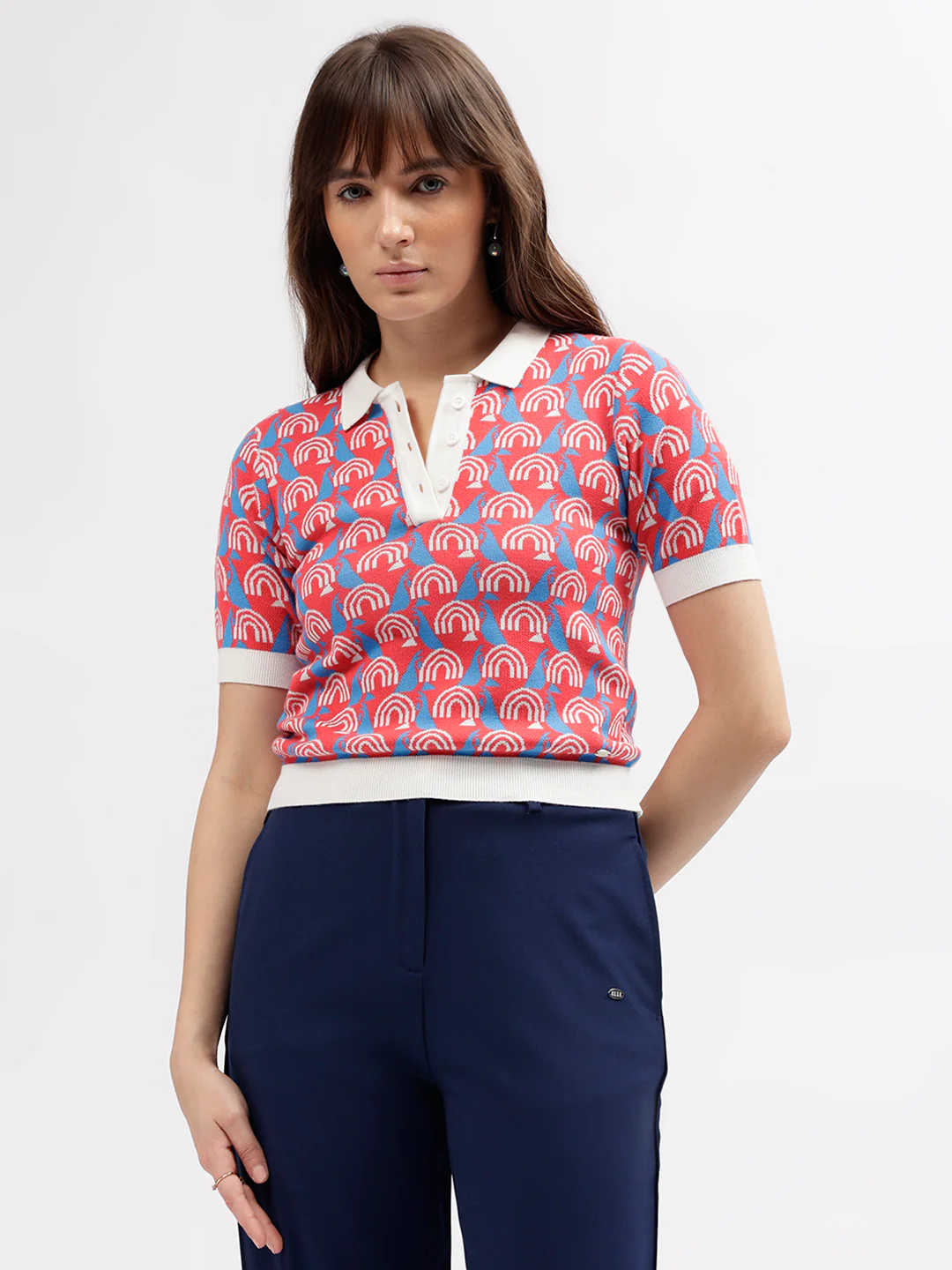 Elle Women Multi Color Printed Polo Collar Short Sleeves Tshirt