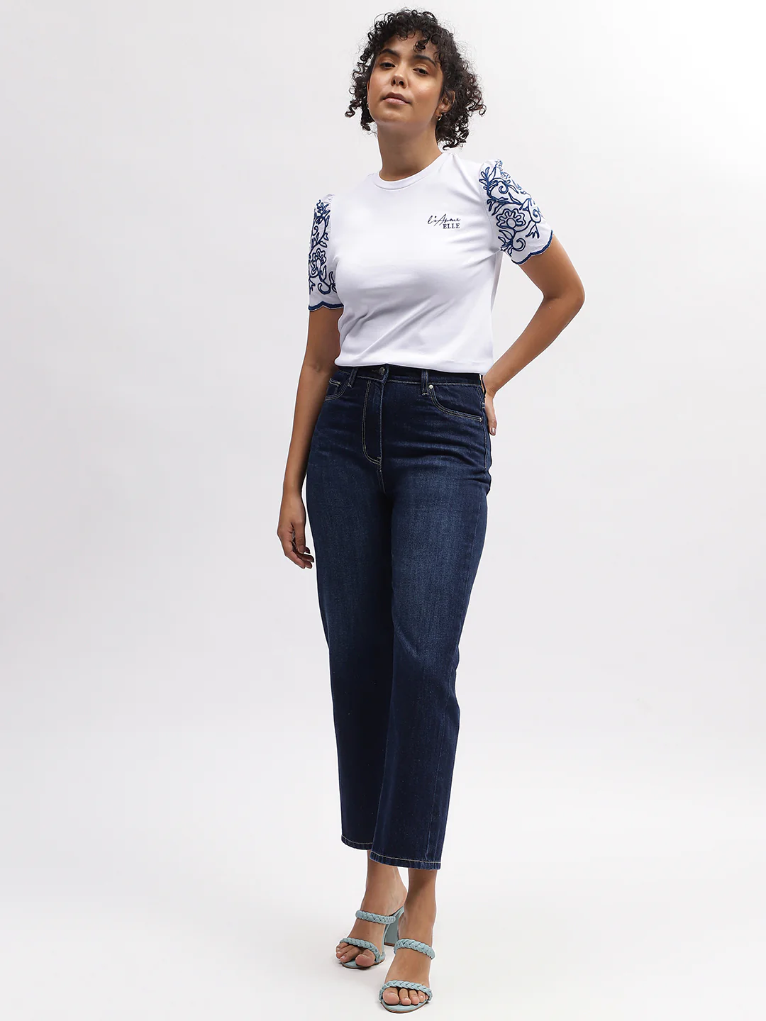 Elle Women White Solid Round Neck Short Sleeves Tshirt - Image 5