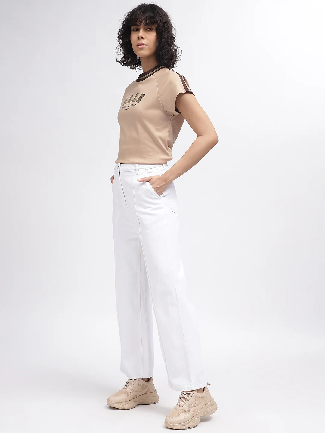 Elle Women Beige Solid Round Neck Short Sleeves Tshirt - Image 5
