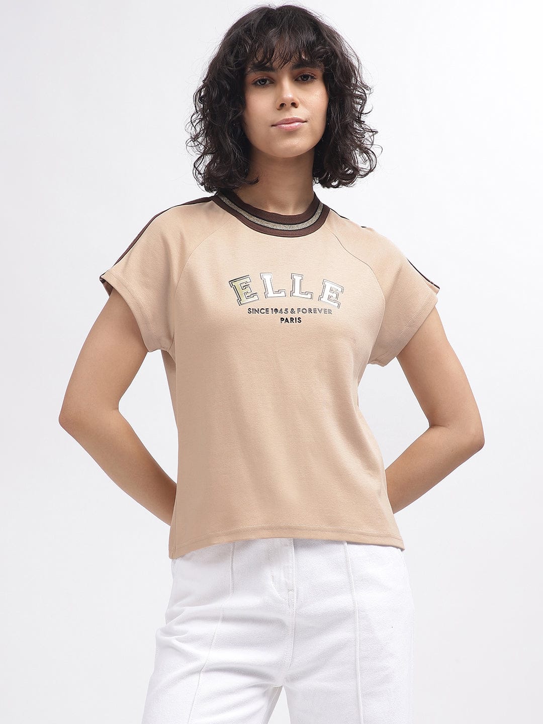 Elle Women Beige Crew Neck Tshirt - Image 2