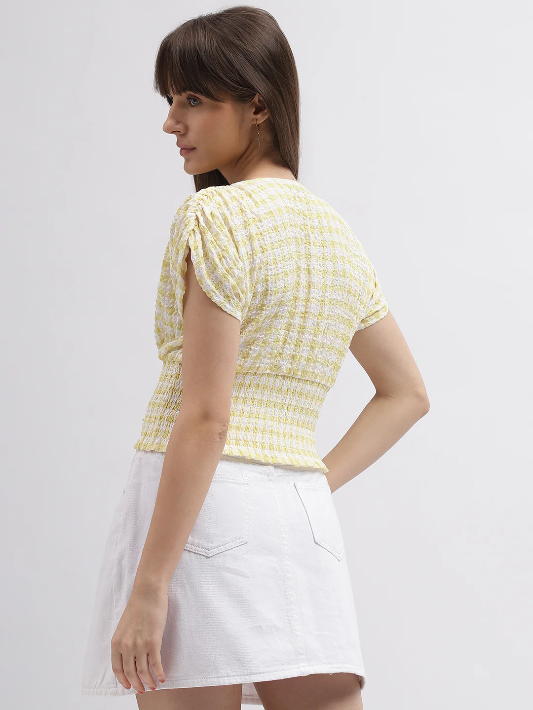 Elle Women Yellow Checked V-Neck Short Sleeves Top - Image 3