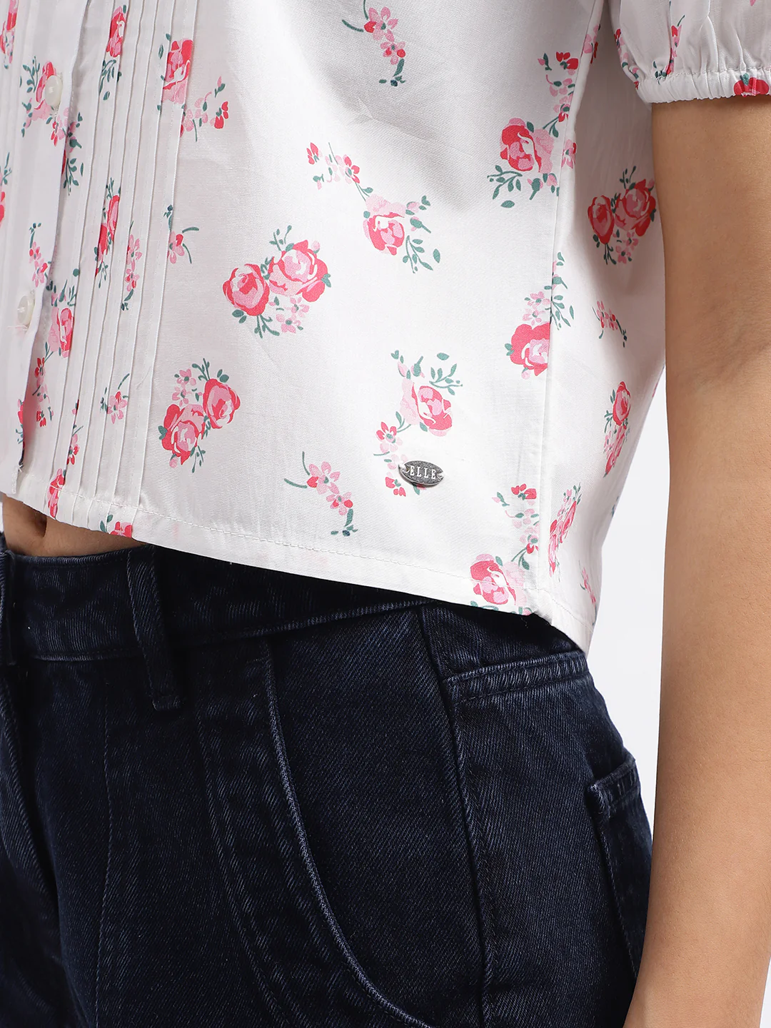 Elle Women White Printed Shirt Collar Short Sleeves Top - Image 6