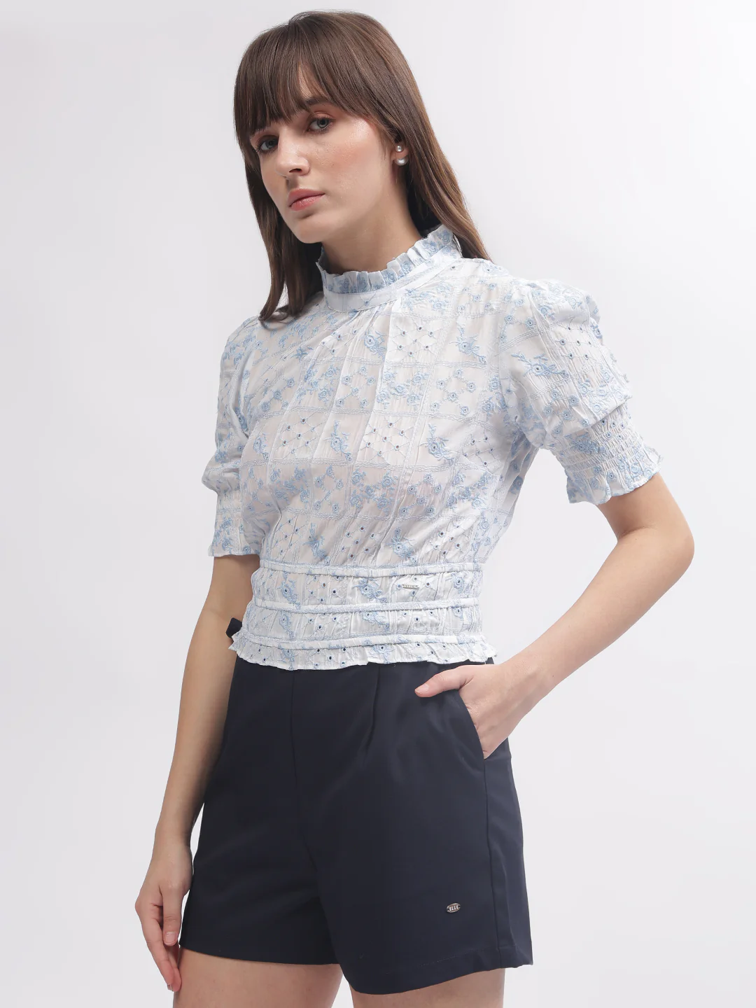 Elle Women White Embroidered High Neck Short Sleeves Top - Image 2