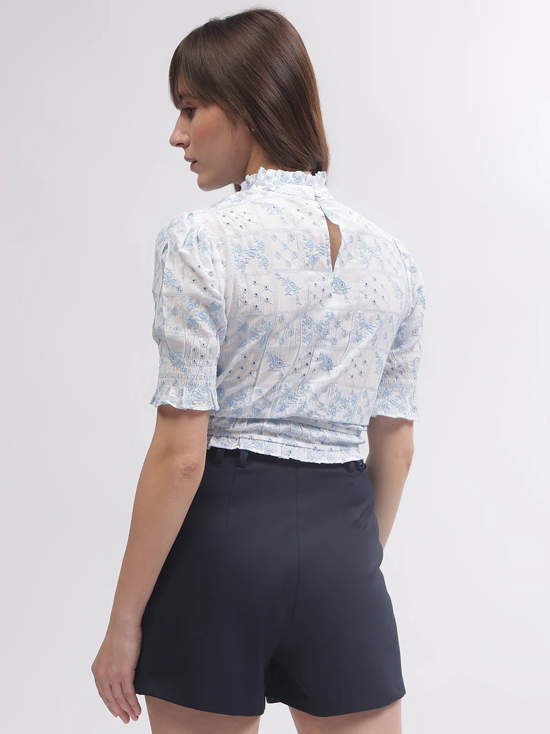 Elle Women White Embroidered High Neck Short Sleeves Top - Image 3