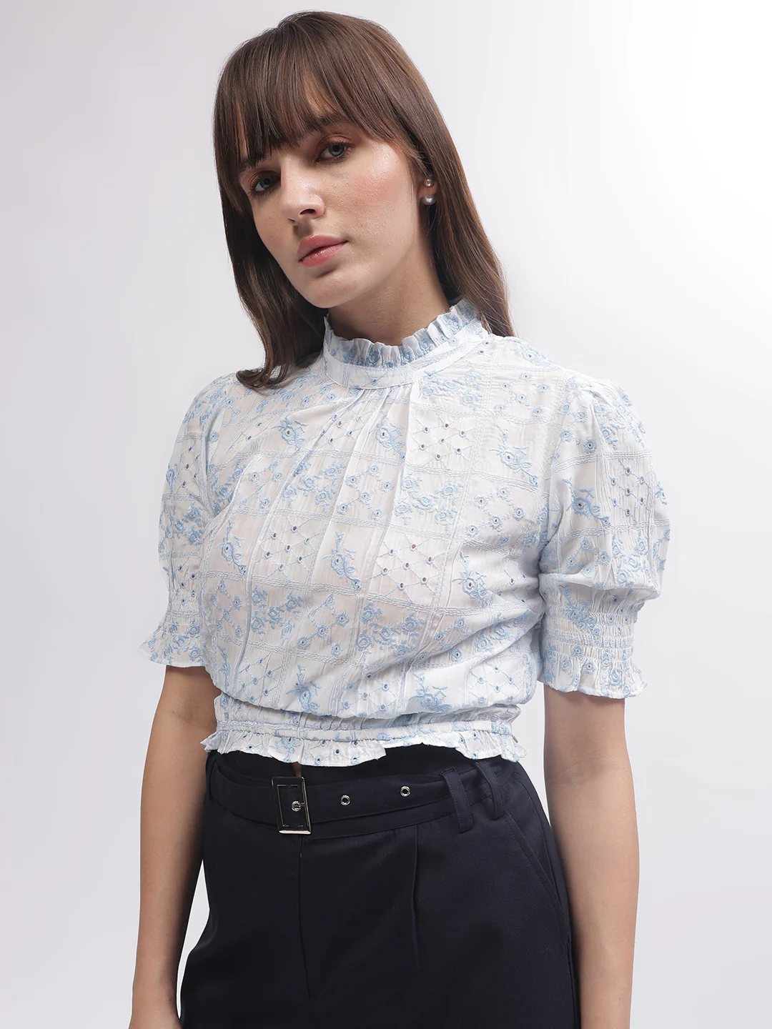 Elle Women White Embroidered High Neck Short Sleeves Top - Image 4