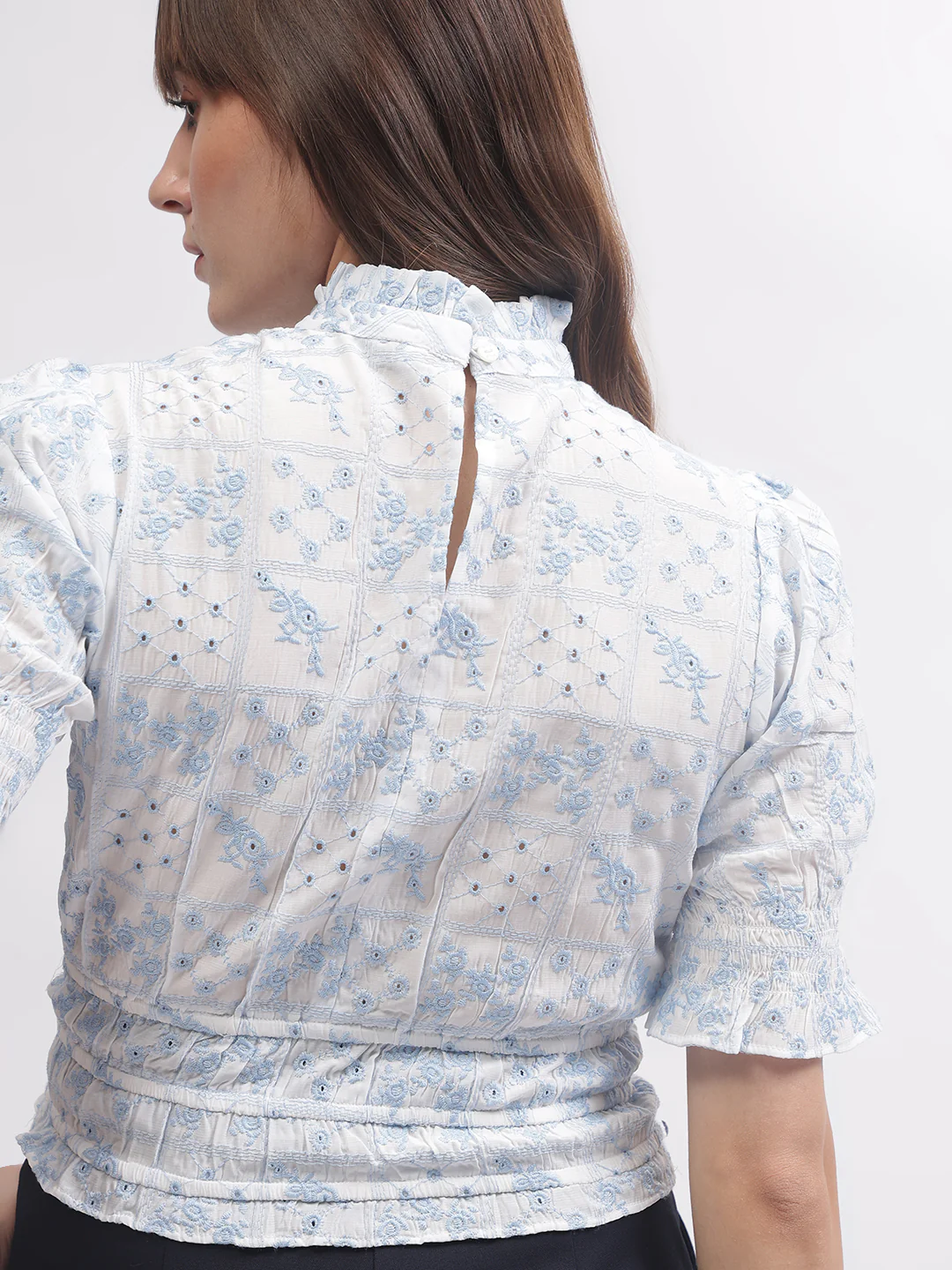 Elle Women White Embroidered High Neck Short Sleeves Top - Image 5