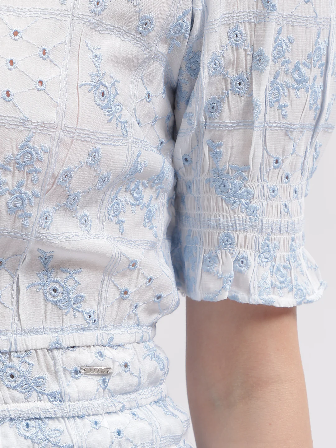 Elle Women White Embroidered High Neck Short Sleeves Top - Image 7