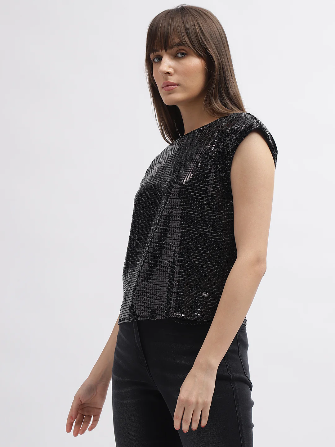 Elle Women Black Embellished Round Neck Short Sleeves Top - Image 2