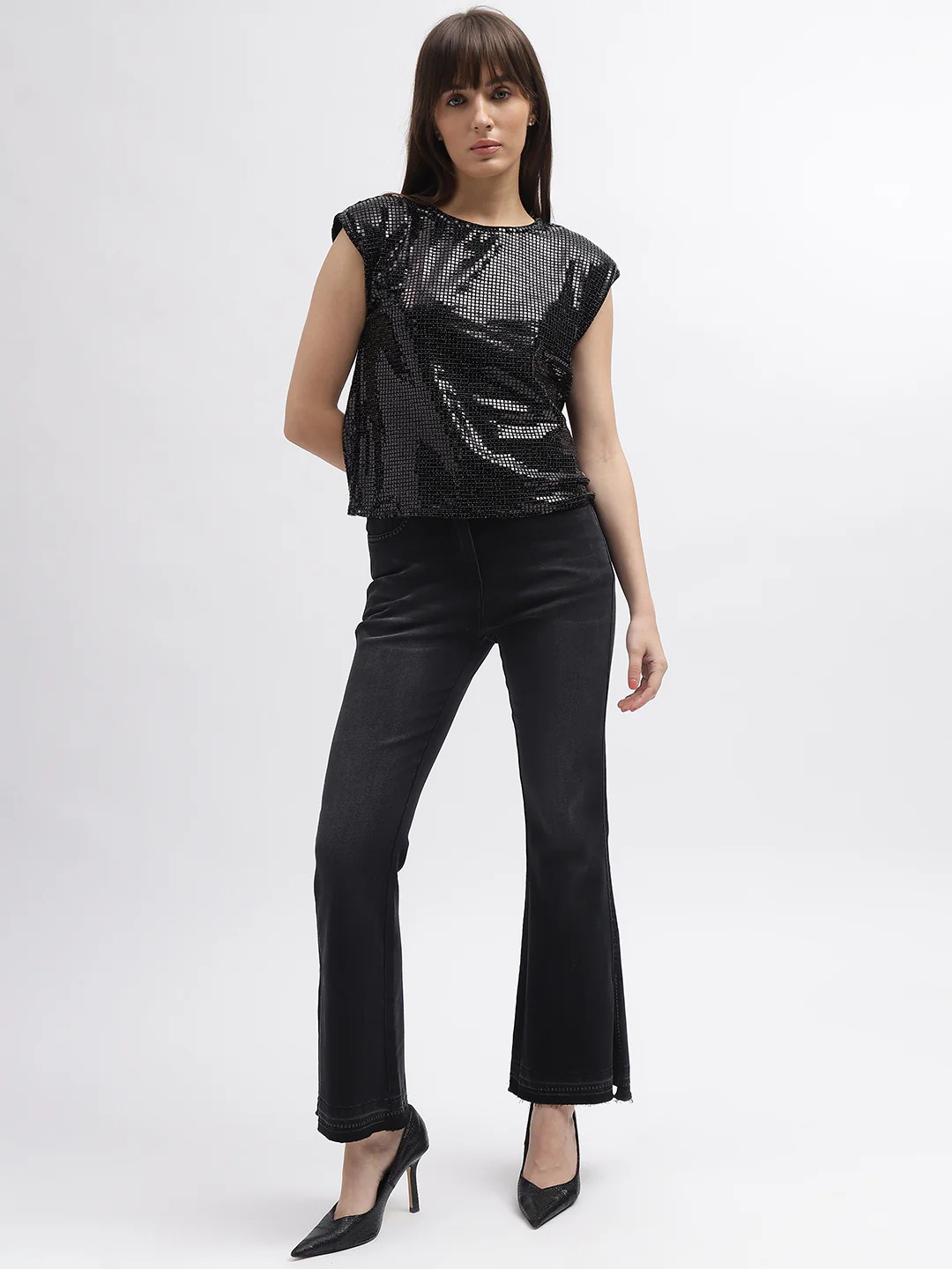 Elle Women Black Embellished Round Neck Short Sleeves Top - Image 4