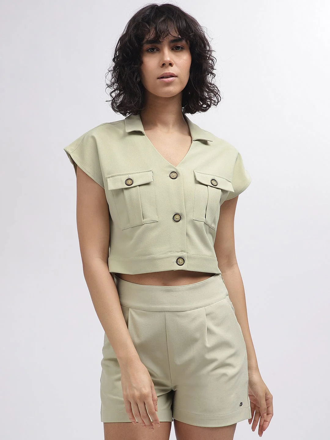 Elle Women Green Solid V-Neck Short Sleeves Top - Image 2