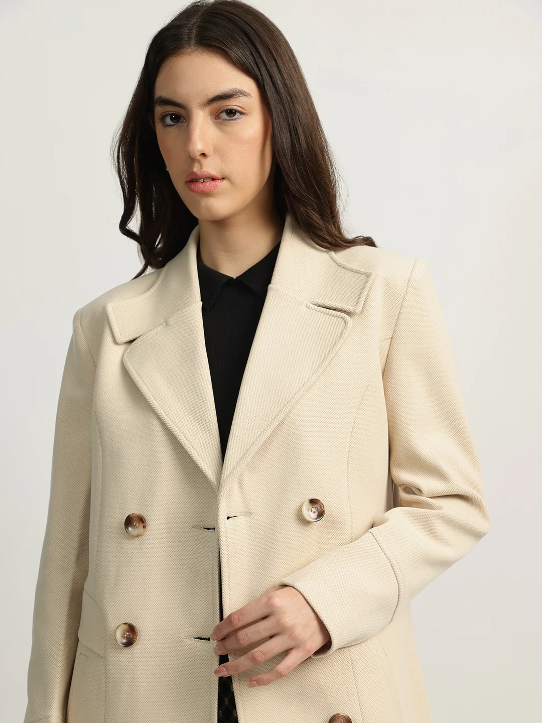 Elle Women Beige Solid Notched Collar Full Sleeves Overcoat - Image 5