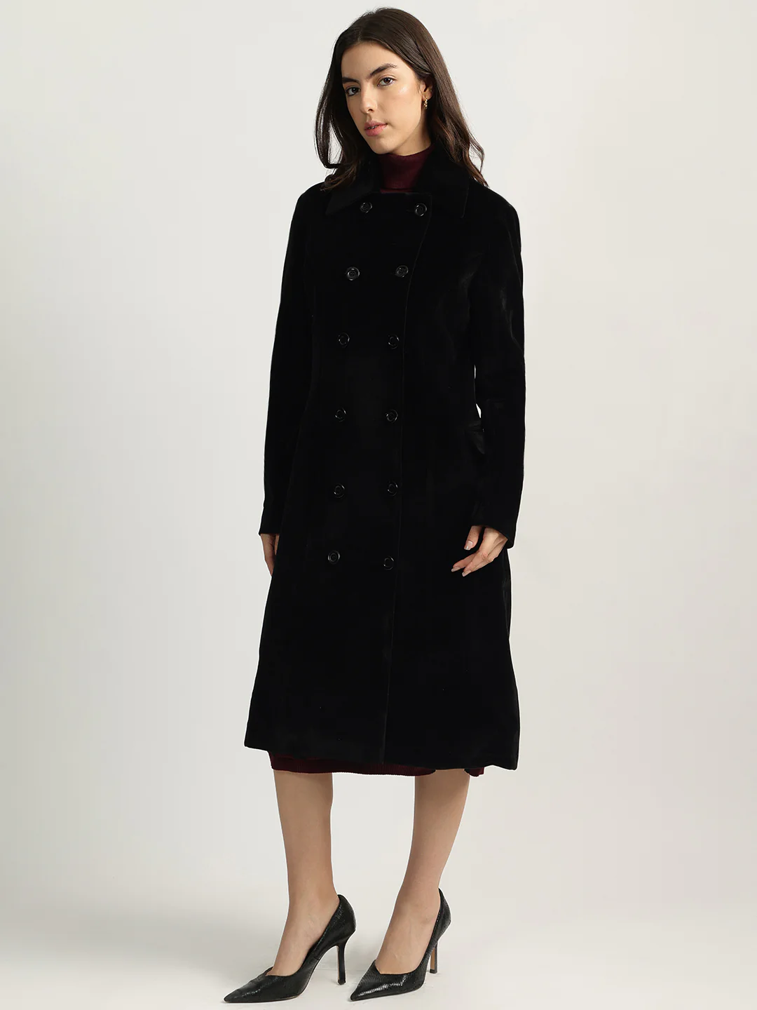 Elle Women Black Solid Spread Collar Full Sleeves Double Breasted Overcoat - Image 2