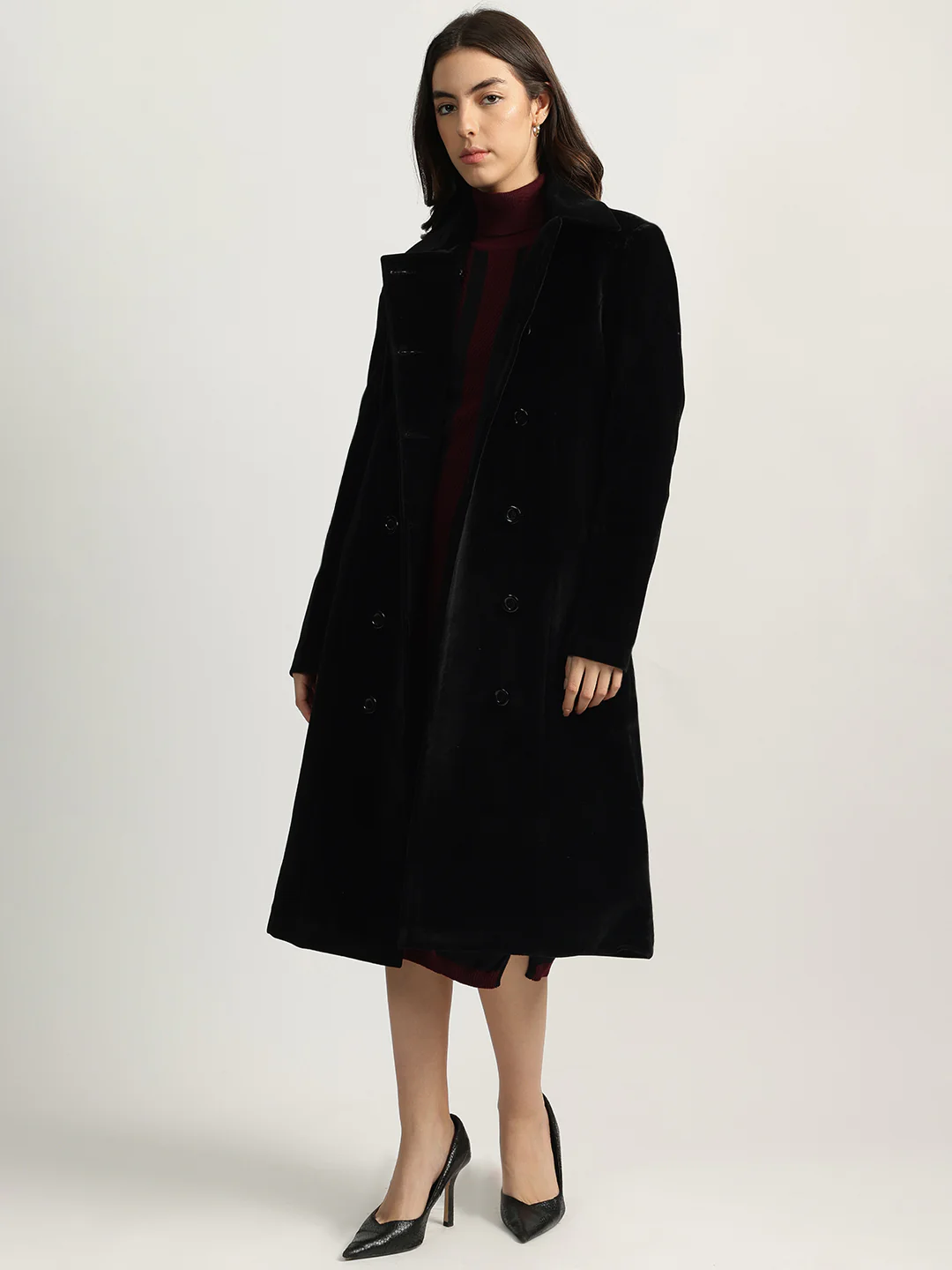 Elle Women Black Solid Spread Collar Full Sleeves Double Breasted Overcoat - Image 4