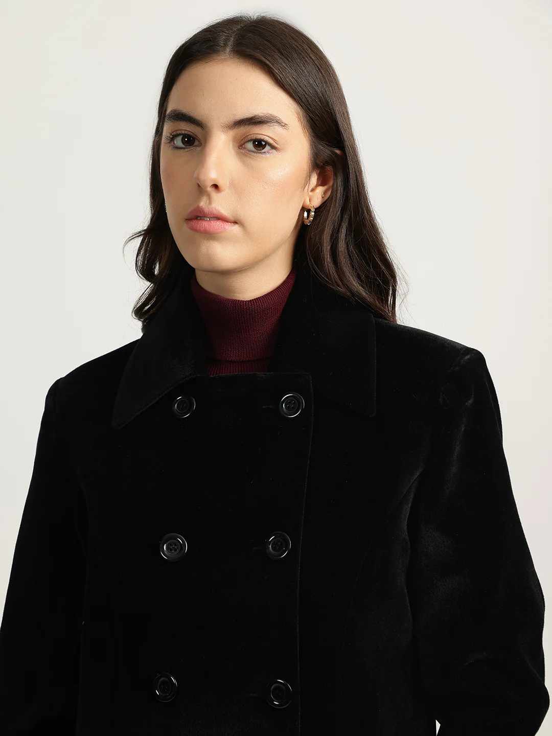 Elle Women Black Solid Spread Collar Full Sleeves Double Breasted Overcoat - Image 5