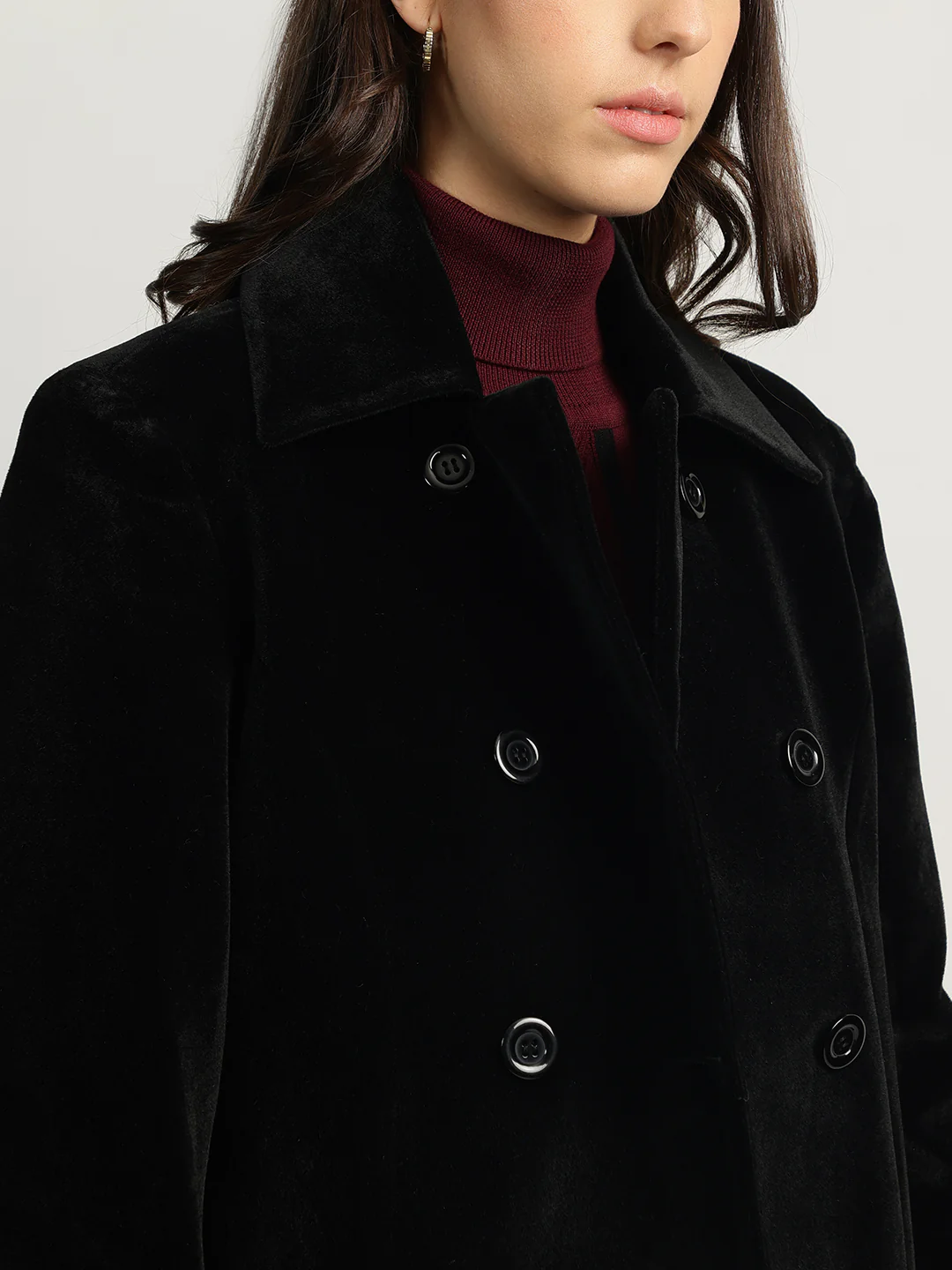 Elle Women Black Solid Spread Collar Full Sleeves Double Breasted Overcoat - Image 6