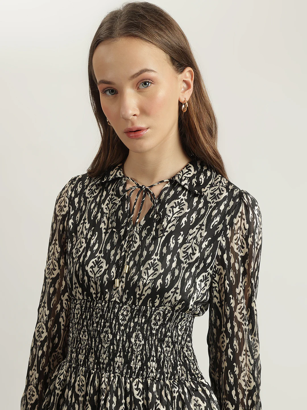 Elle Women Black Printed Tie-Up Neck Full Sleeves Fit And Flare Dress - Image 2