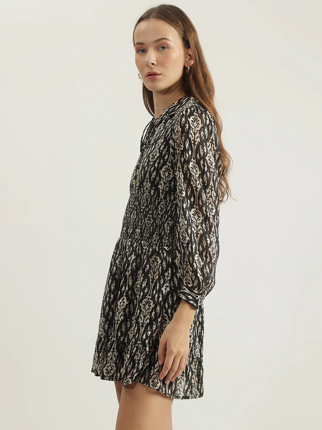 Elle Women Black Printed Tie-Up Neck Full Sleeves Fit And Flare Dress - Image 3