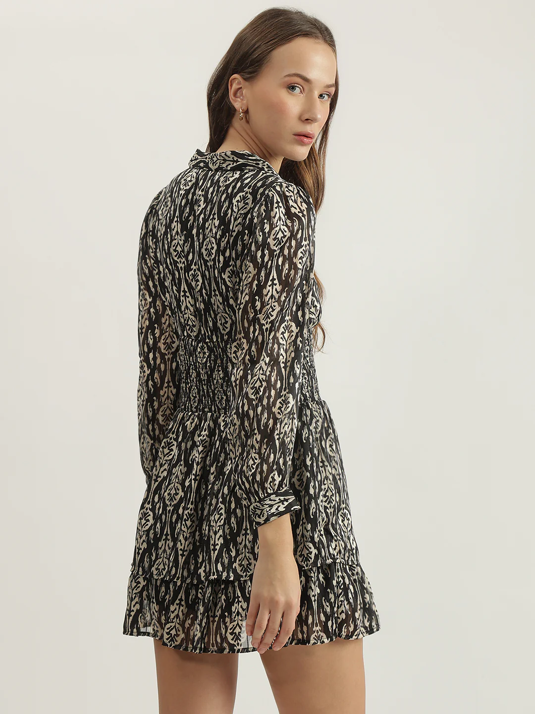 Elle Women Black Printed Tie-Up Neck Full Sleeves Fit And Flare Dress - Image 4
