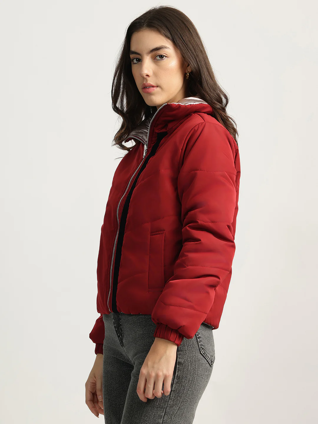 Elle Women Red Solid Stand Collar Full Sleeves Reversible Jacket - Image 6