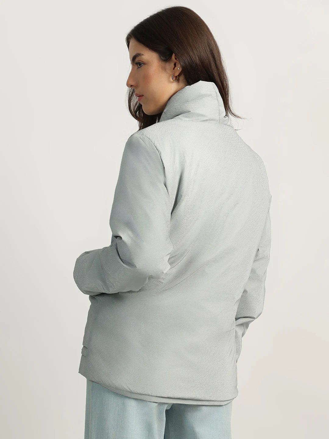 Elle Women Grey Self Design Shawl Collar Full Sleeves Puffer Jacket - Image 3