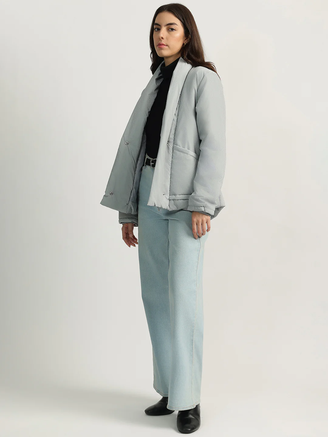 Elle Women Grey Self Design Shawl Collar Full Sleeves Puffer Jacket - Image 4