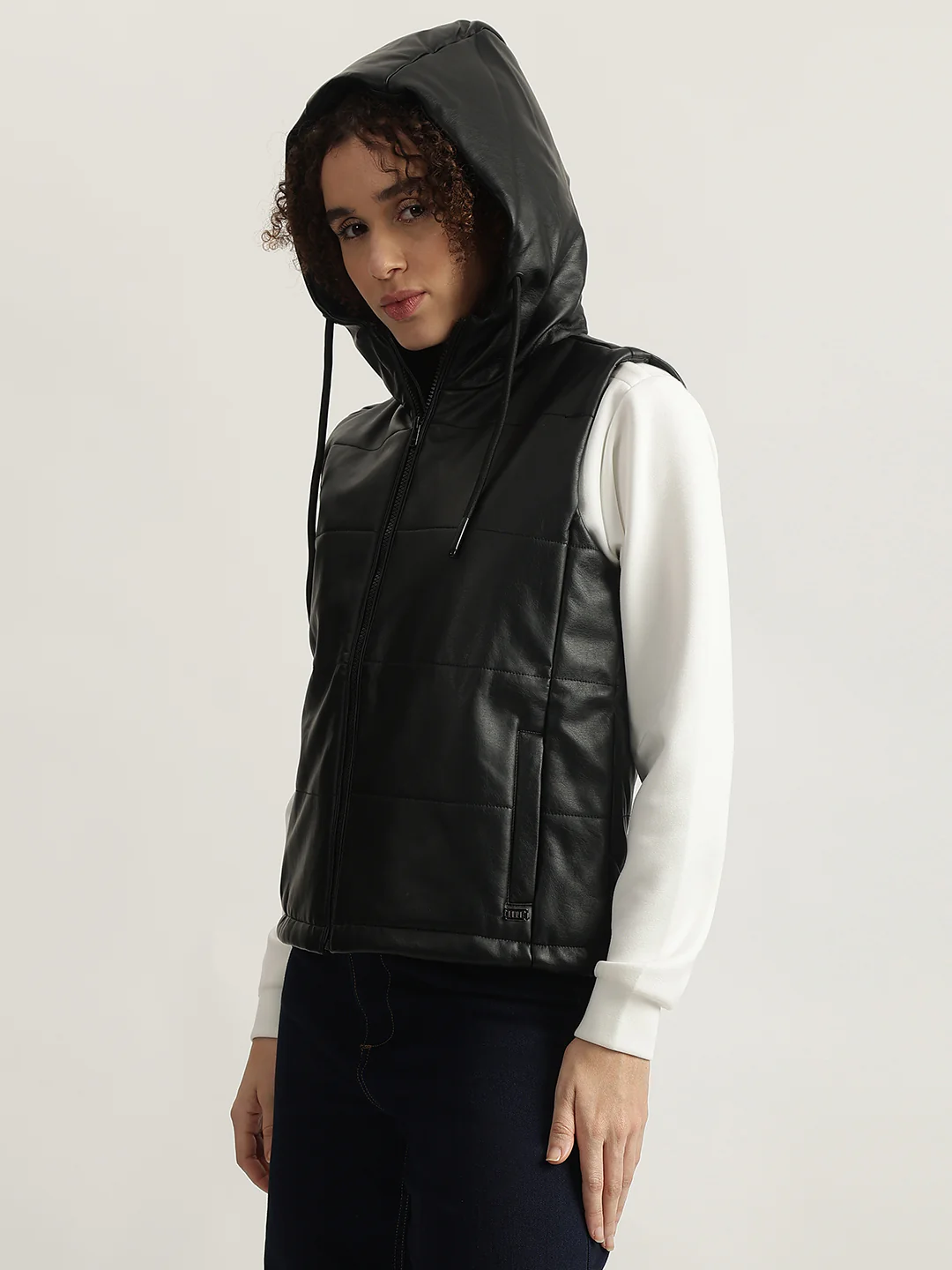 Elle Women Black Solid Hooded Sleeveless Jacket - Image 2