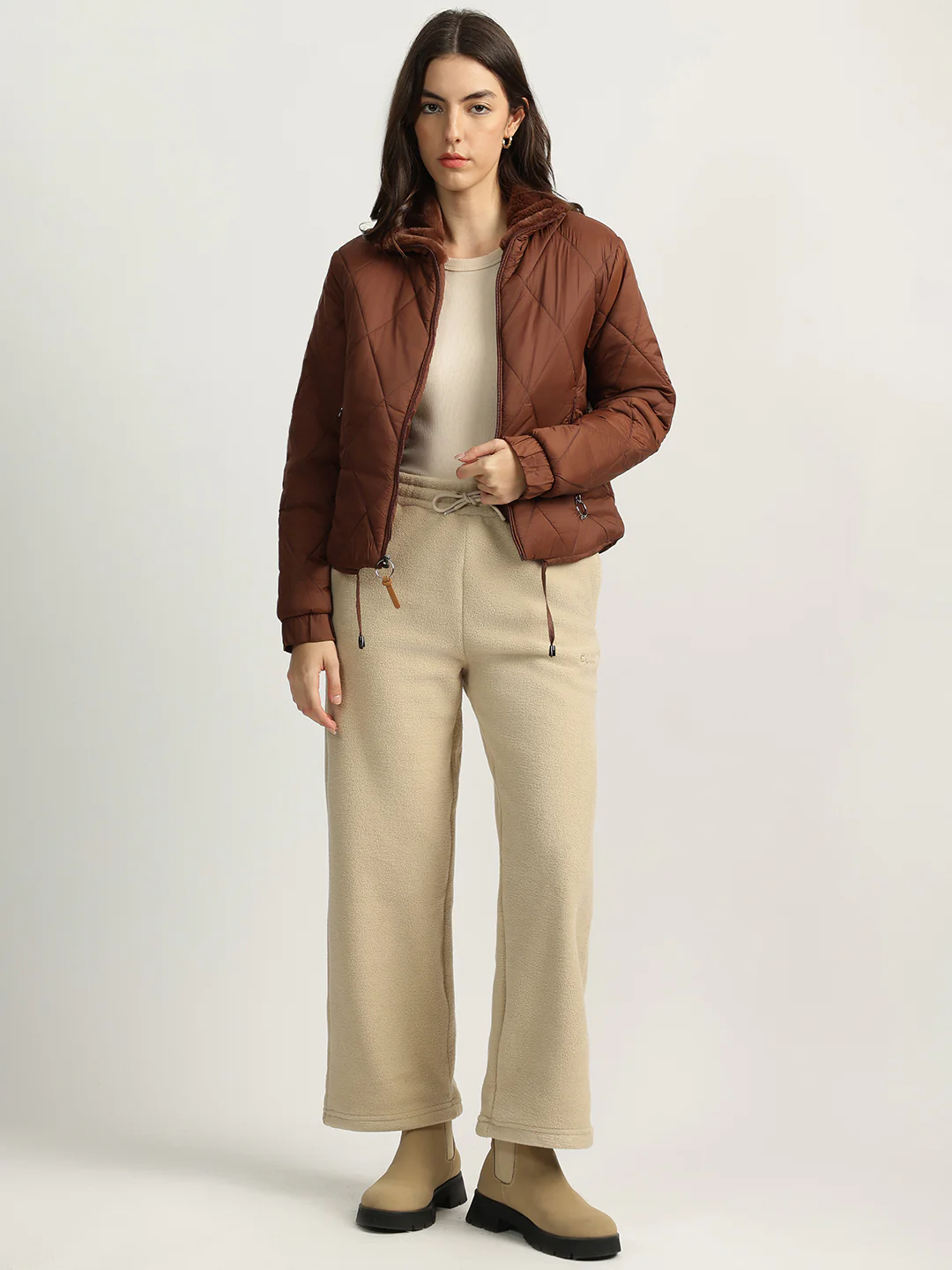 Elle Women Beige Self Design High-Rise Oversized Sweatpant - Image 4