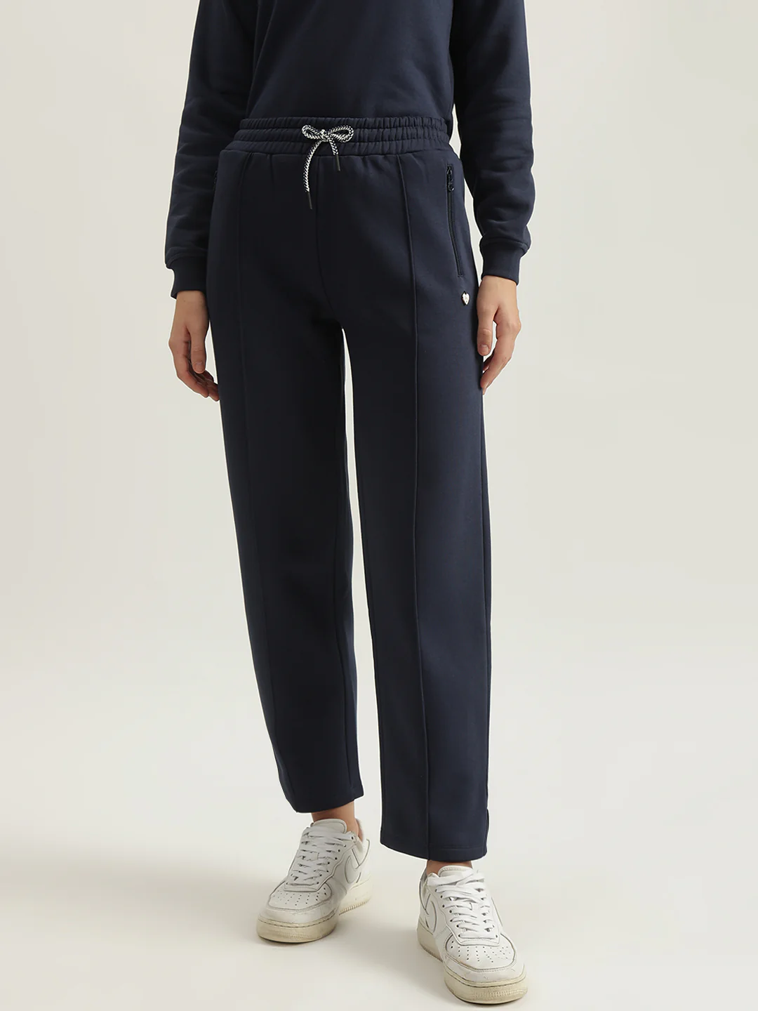 Elle Women Navy Solid Straight Fit Mid-Rise Track Pants