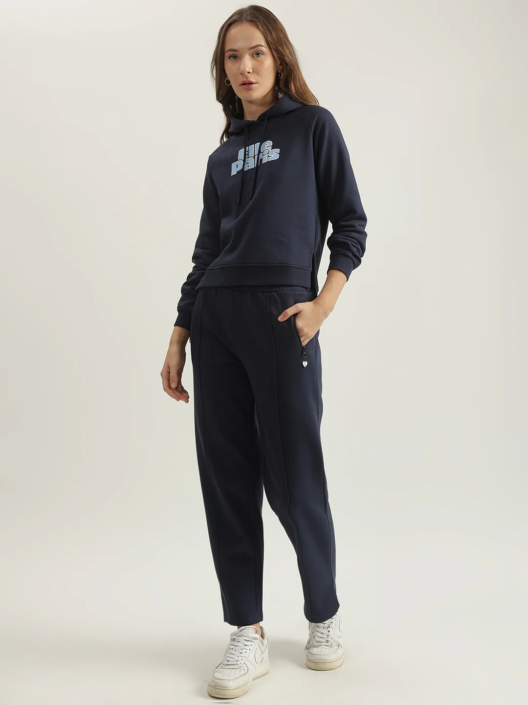 Elle Women Navy Solid Straight Fit Mid-Rise Track Pants - Image 4