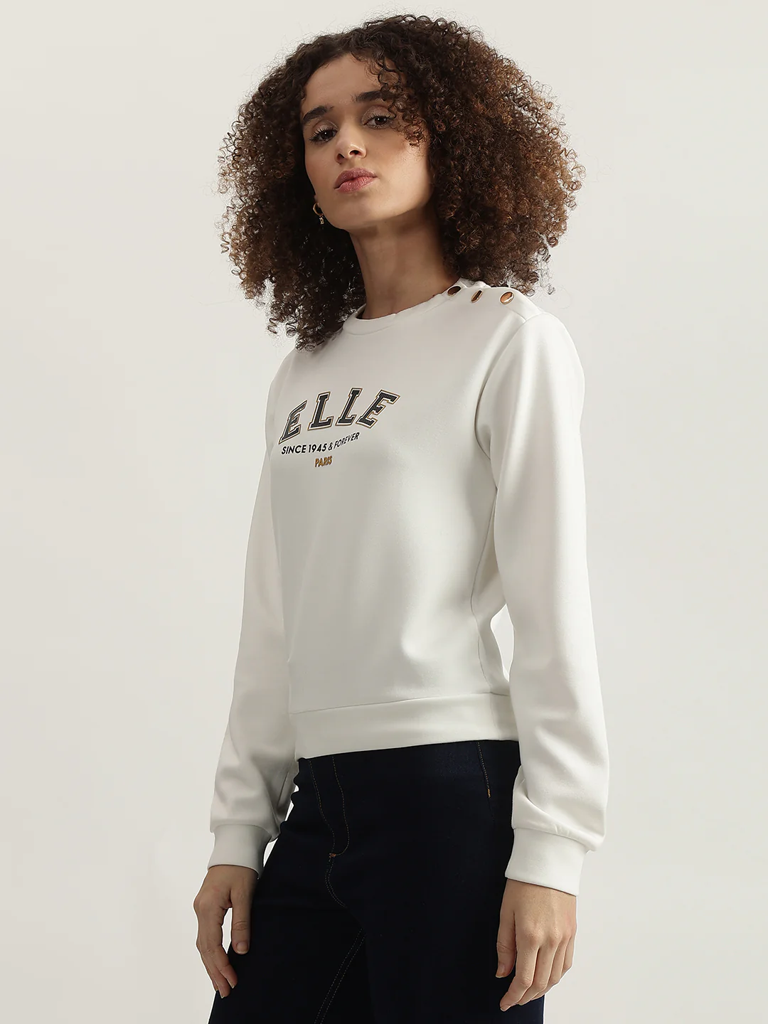 Elle Women White Solid Round Neck Full Sleeves Sweatshirt - Image 2
