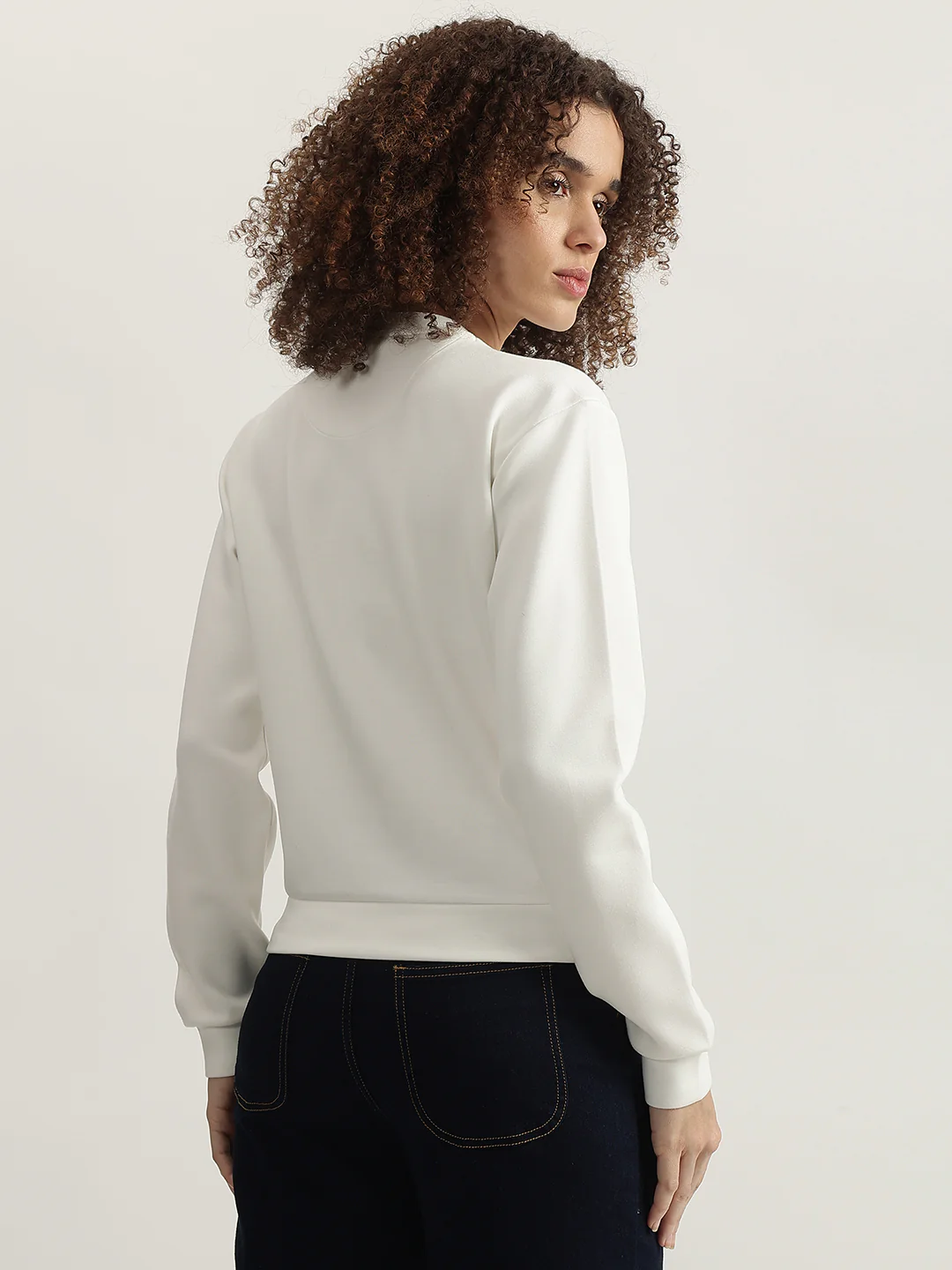 Elle Women White Solid Round Neck Full Sleeves Sweatshirt - Image 3