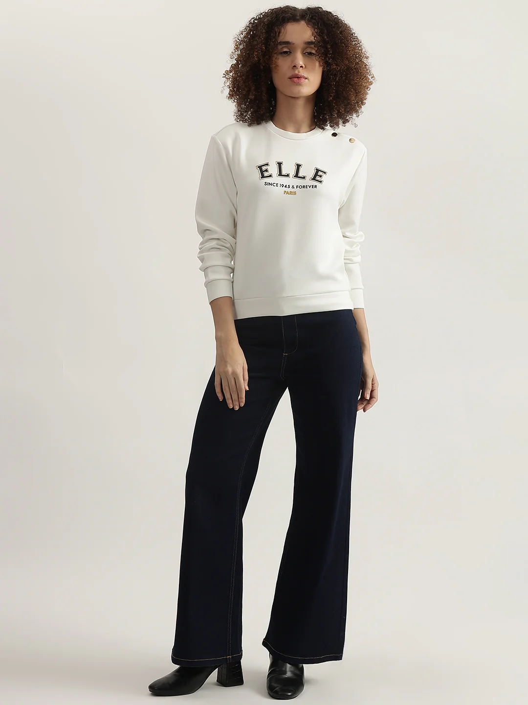 Elle Women White Solid Round Neck Full Sleeves Sweatshirt - Image 4