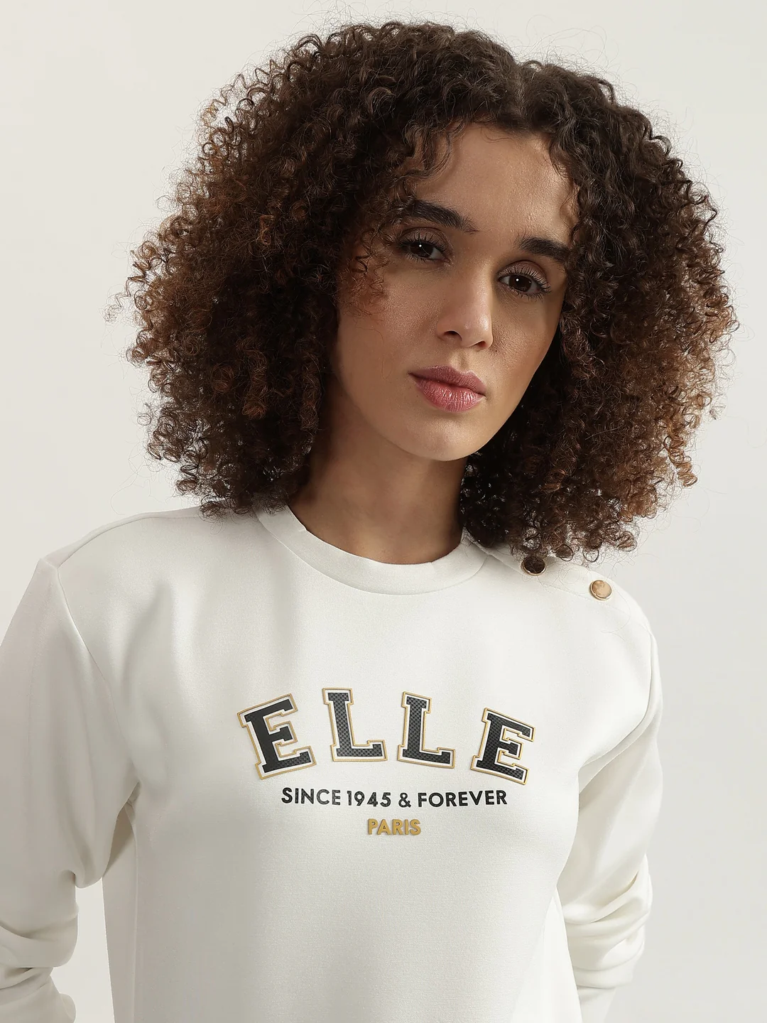 Elle Women White Solid Round Neck Full Sleeves Sweatshirt - Image 5