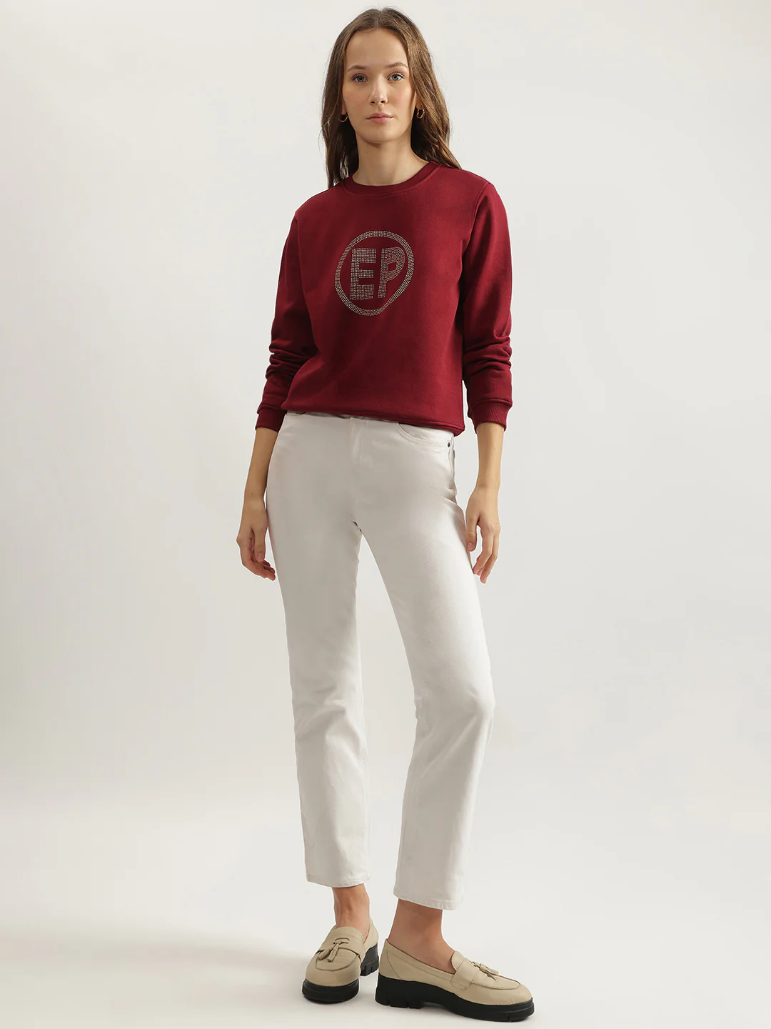 Elle Women Maroon Solid Round Neck Full Sleeves Pullover Style Sweatshirt - Image 4