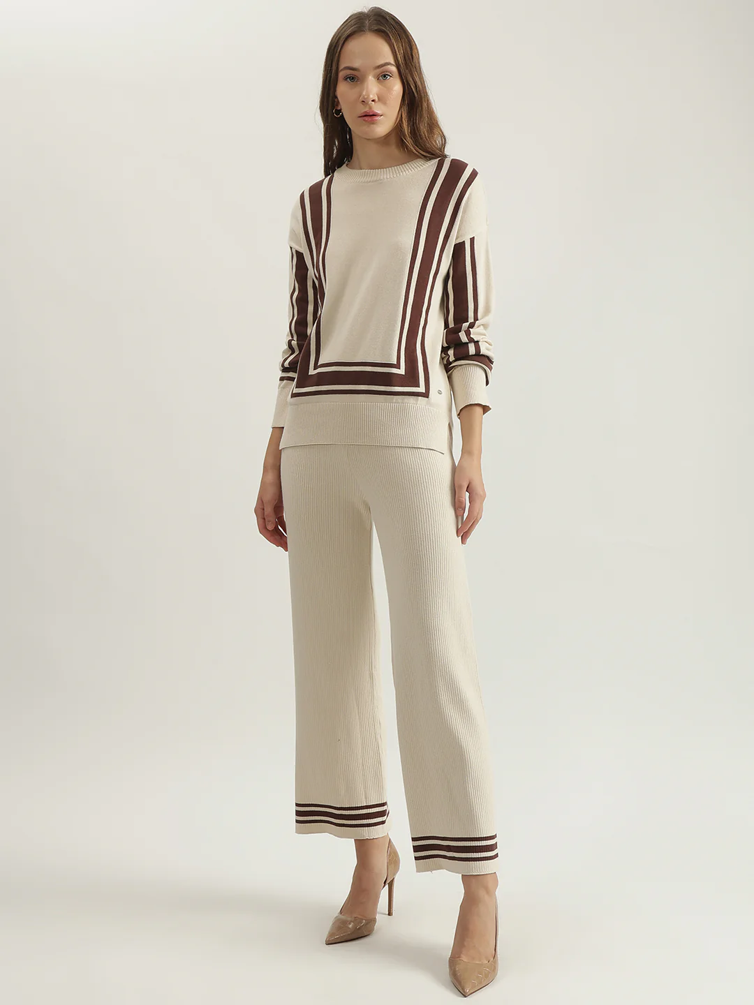 Elle Women Cream Self Design Round Neck Full Sleeves Pullover Style Sweater - Image 4