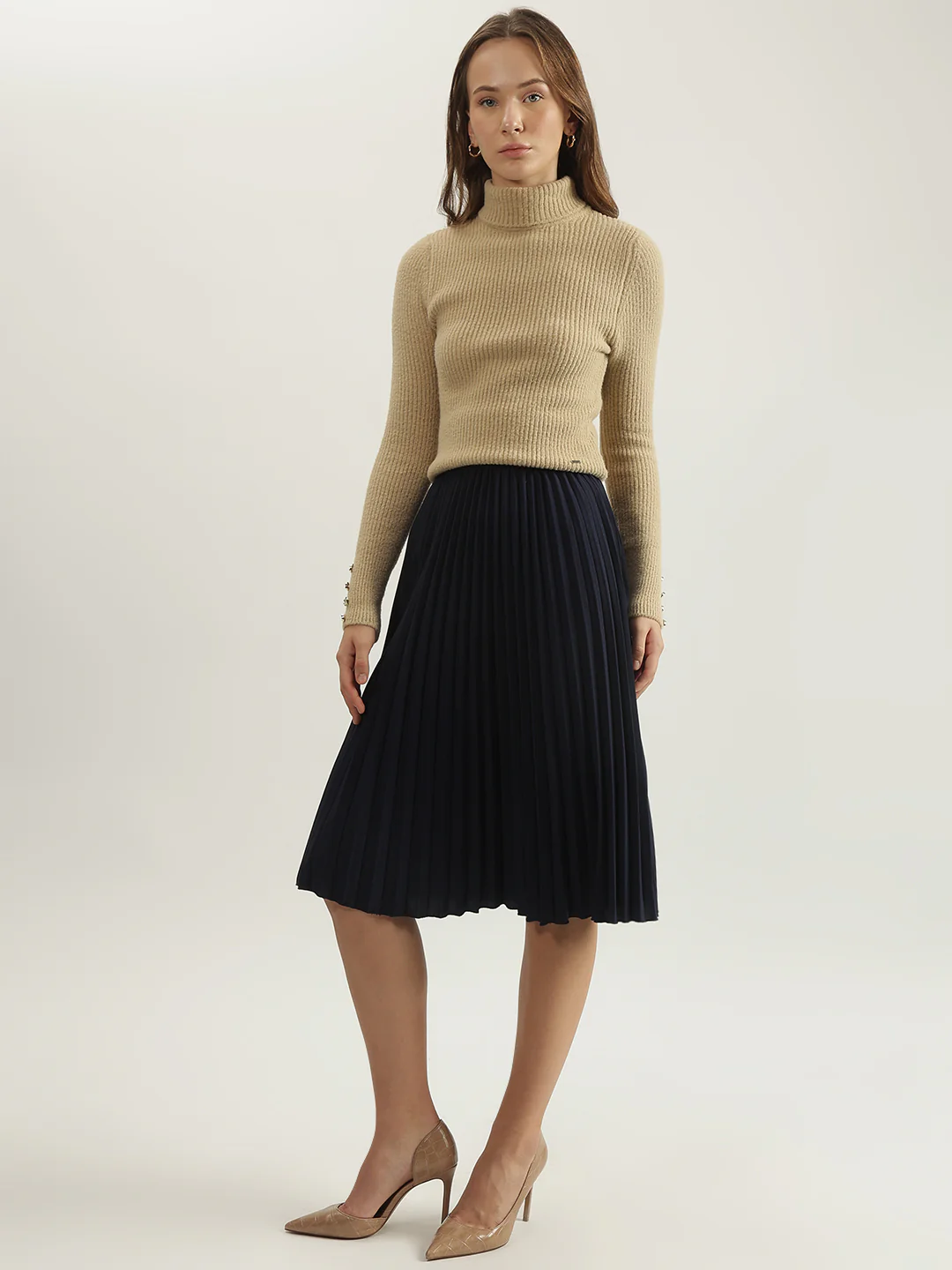 Elle Women Beige Ribbed Turtle Neck Full Sleeves Pullover Style Sweater - Image 5