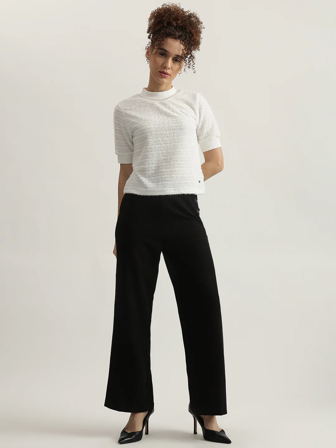 Elle Women White Solid High Neck Short Sleeves Tshirt - Image 4