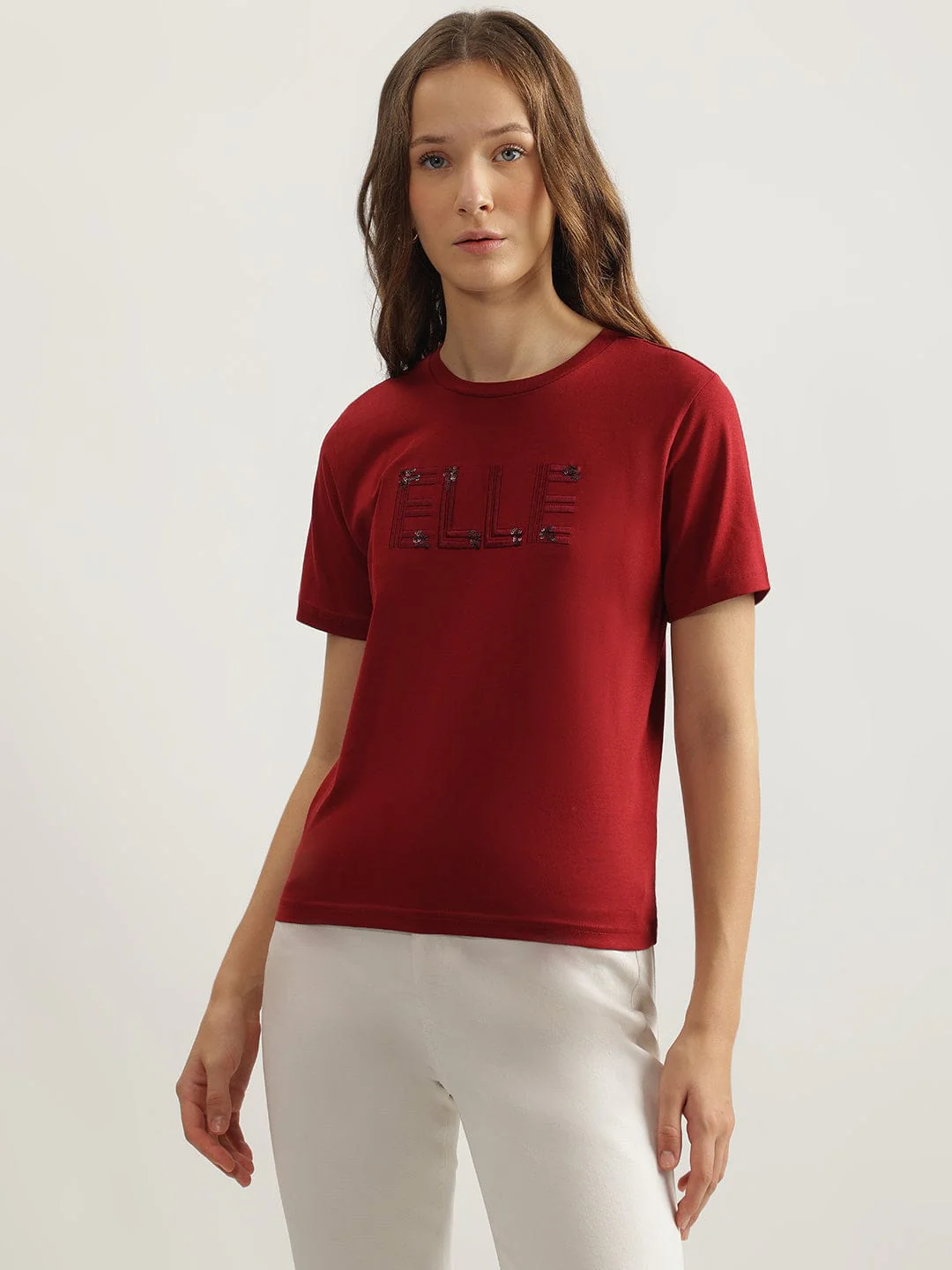 Elle Women Red Solid Crew Neck Tshirt - Image 2