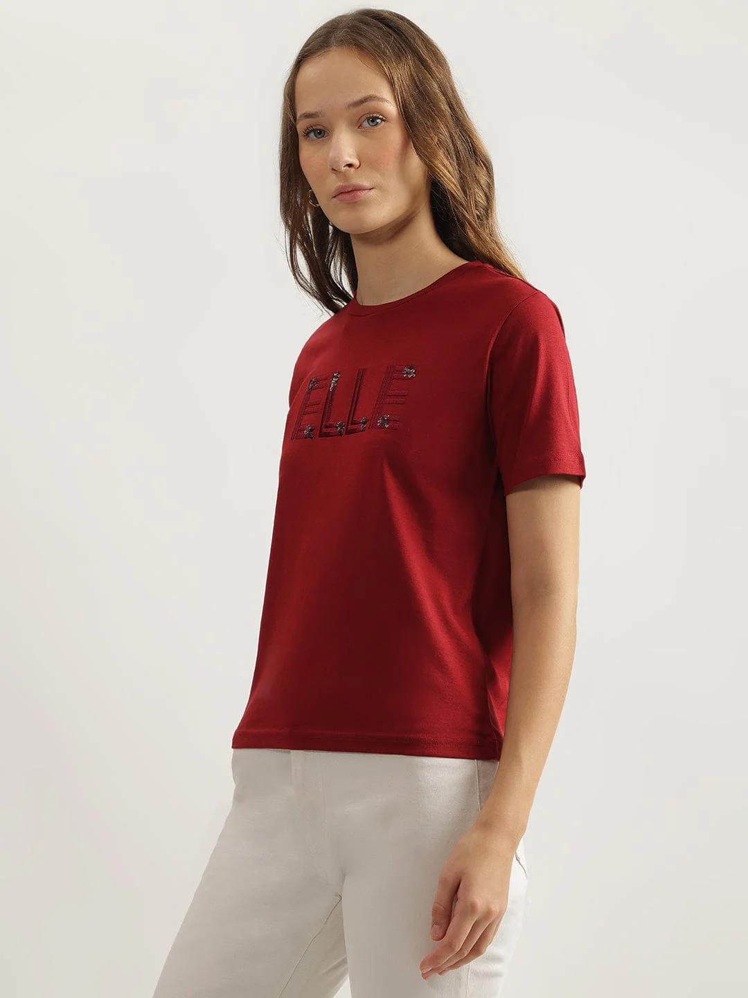 Elle Women Red Solid Crew Neck Tshirt - Image 3