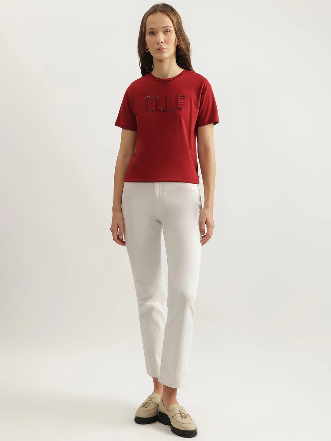 Elle Women Red Solid Crew Neck Tshirt - Image 5