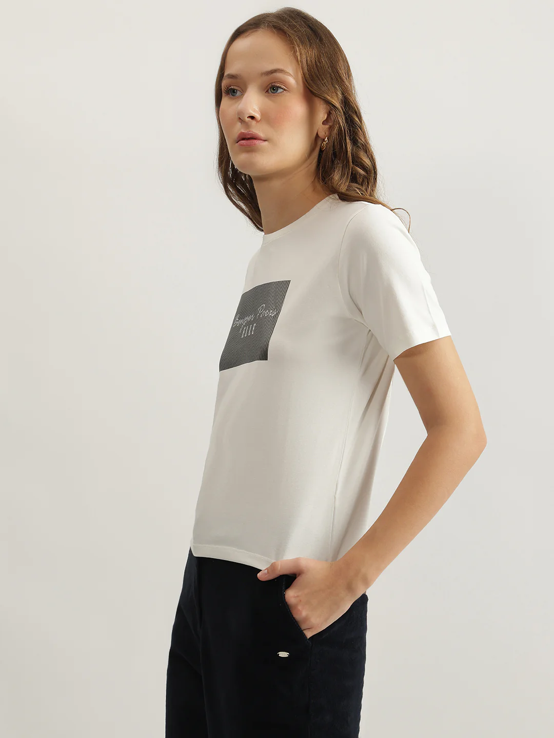 Elle Women White Solid Round Neck Short Sleeves Tshirt - Image 3