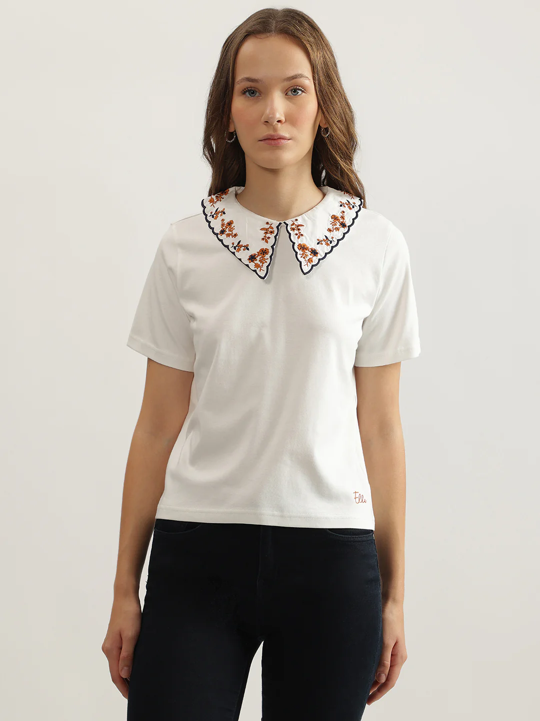 Elle Women Off White Solid Peter Pan Collar Short Sleeves Tshirt - Image 2