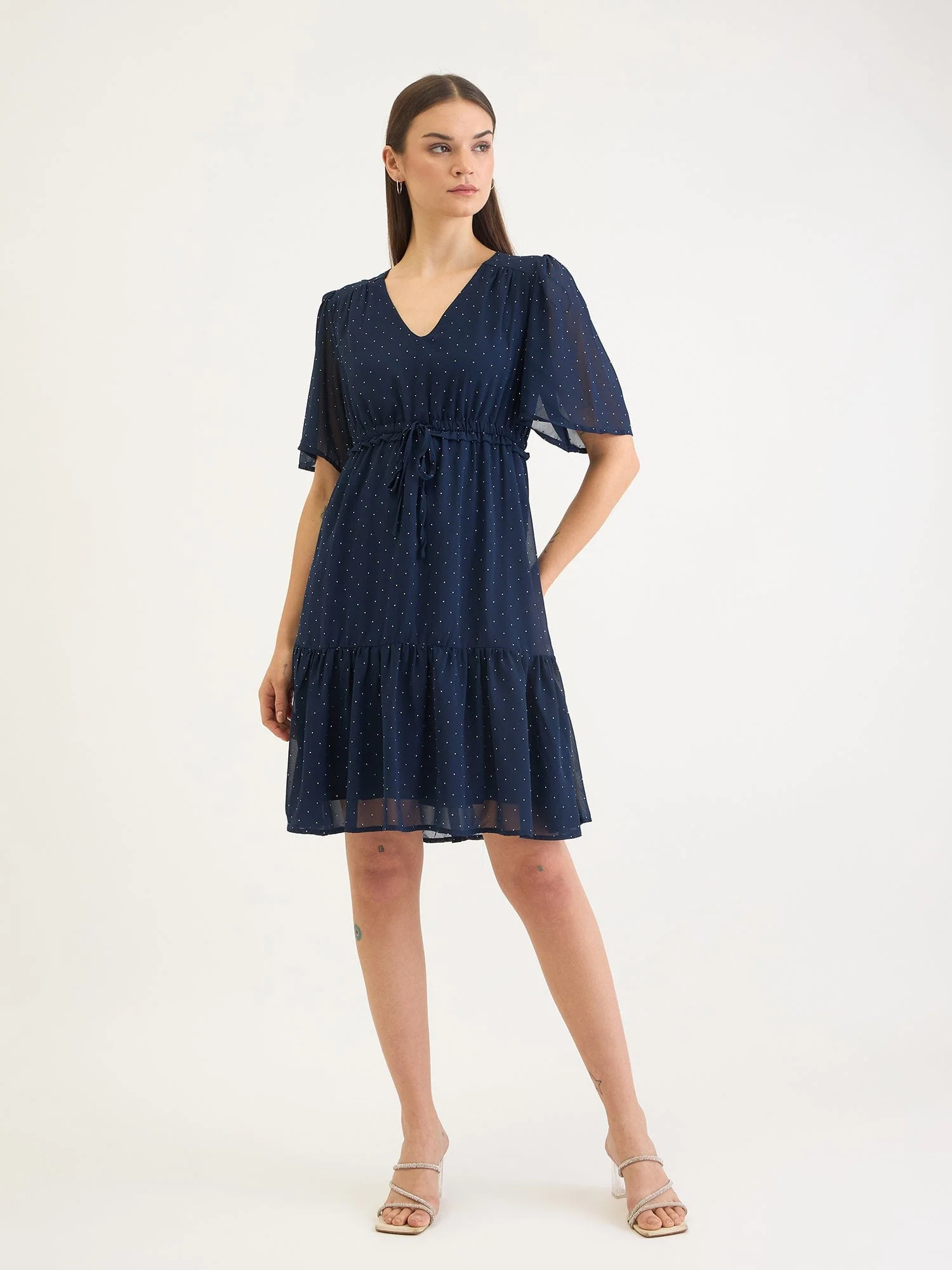 Elle Women Blue Dot And Solid V Neck Dress - Image 2