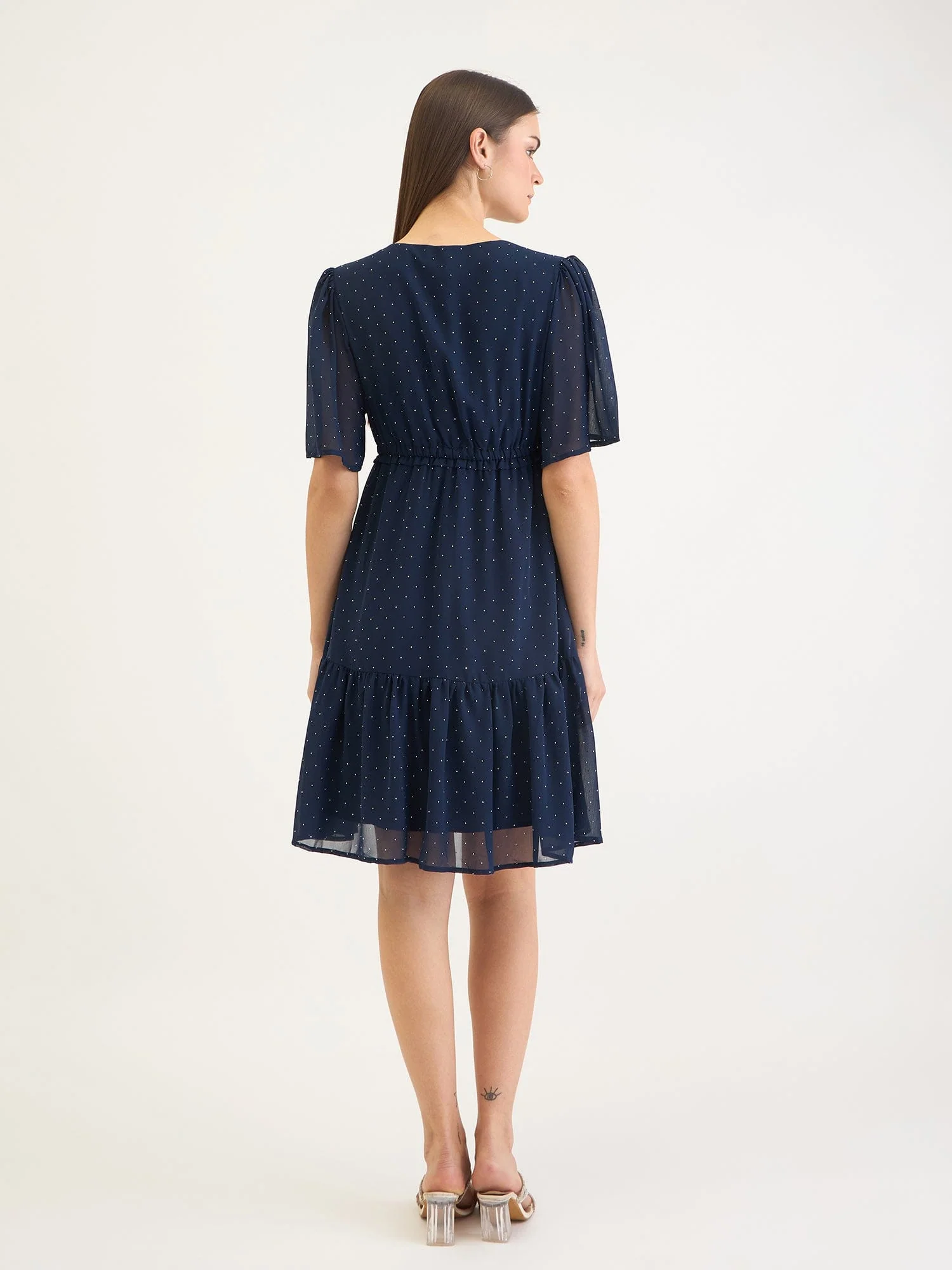 Elle Women Blue Dot And Solid V Neck Dress - Image 3